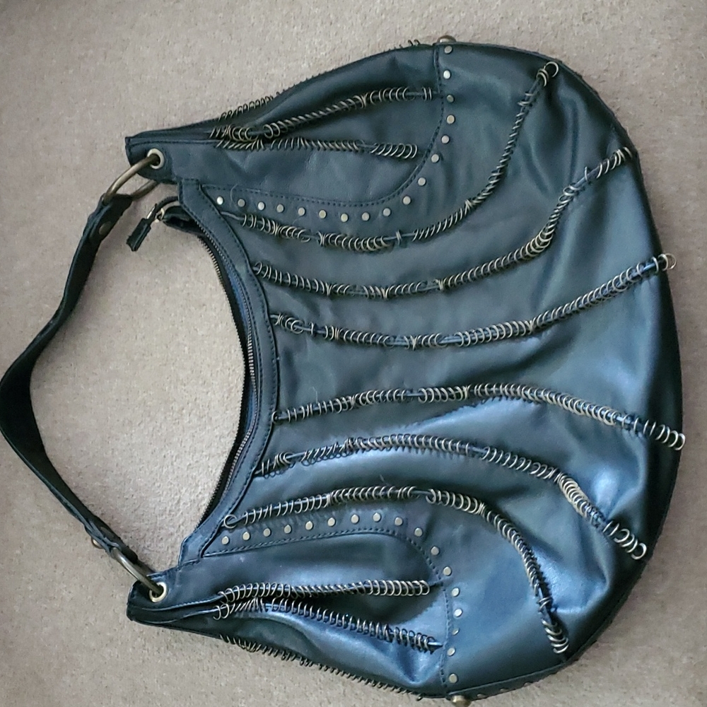 Isabella Fiore Black Ring Led Angeli 3d Pierced Applique Shoulder Bag.